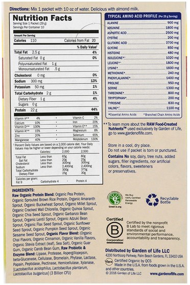 補充劑，蛋白質 - Garden of Life, RAW Organic Protein, Organic Plant Formula, Vanilla Chai, 10 Packets, 1 oz (29 g) Each