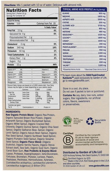 補充劑，蛋白質 - Garden of Life, Raw Organic Protein, Organic Plant Formula, Vanilla, 10 Packets, 1.1 oz (31 g) Each