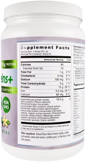 補充劑，蛋白質 - Genuine Health Corporation, Fermented Vegan Protein +, Digestive Support, Natural Vanilla Flavor, 18.5 oz (525 g)