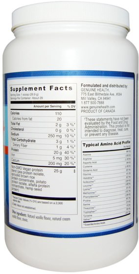 補充劑，蛋白質 - Genuine Health Corporation, Vegan Proteins+, Natural Vanilla Flavor, 27.5 oz (780 g)