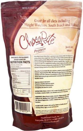 補充劑，蛋白質 - HealthSmart Foods, ChocoRite Protein, Cookie Dough, 14.7 oz (418 g)