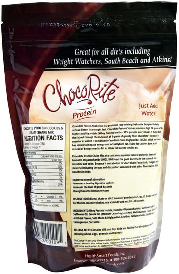 補充劑，蛋白質 - HealthSmart Foods, ChocoRite Protein, Cookies & Cream, 14.7 oz (418 g)