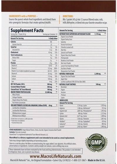 補充劑，蛋白質 - Macrolife Naturals, MacroMeal, Chocolate Protein + Superfoods, 10 Packets, 1.6 oz (45 g) Each