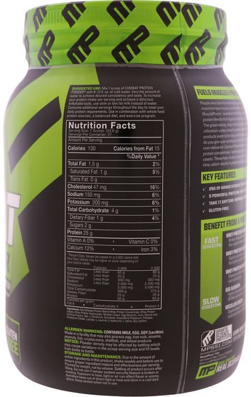 補充劑，蛋白質 - MusclePharm, Combat, Protein Powder, Vanilla, 32 oz (907 g)