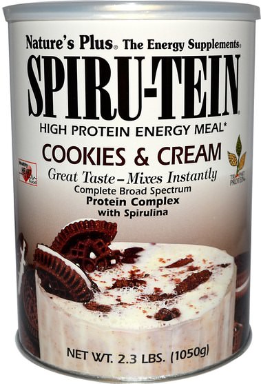 補充劑，蛋白質 - Natures Plus, Spiru-Tein, High Protein Energy Meal, Cookies & Cream, 2.3 lbs (1050 g)