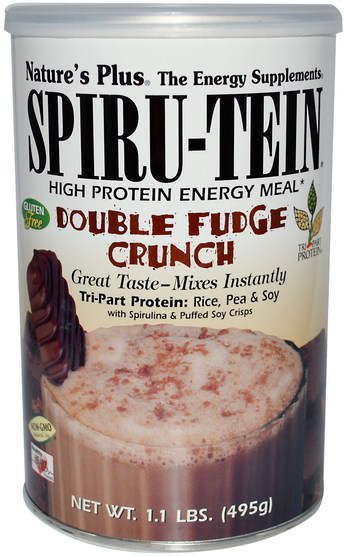 補充劑，蛋白質 - Natures Plus, Spiru-Tein, High Protein Energy Meal, Double Fudge Crunch, 1.1 lbs (495 g)