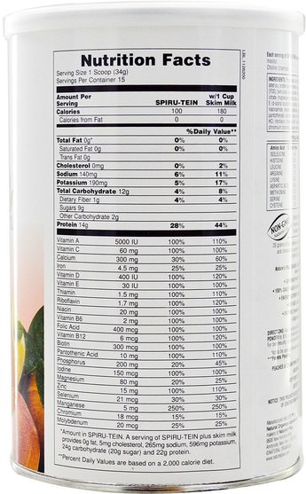 補充劑，蛋白質 - Natures Plus, Spiru-Tein, High Protein Energy Meal, Peaches & Cream, 1.1 lbs (510 g)