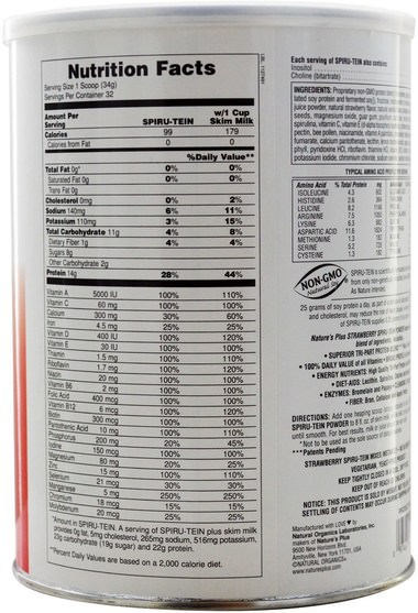 補充劑，蛋白質 - Natures Plus, Spiru-Tein, High Protein Energy Meal, Strawberry, 2.4 lbs (1088 g)