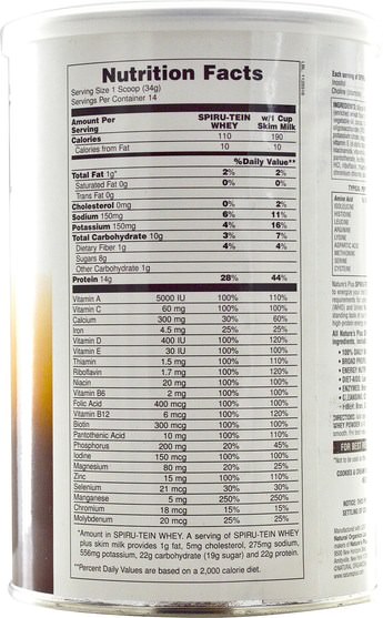 補充劑，蛋白質 - Natures Plus, Spiru-Tein Whey, High Protein Energy Meal, Cookies & Cream, 1.05 lbs (476 g)