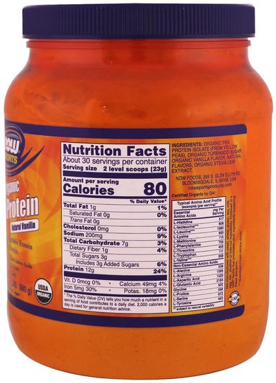 補充劑，蛋白質 - Now Foods, Sports, Organic Pea Protein, Natural Vanilla, 1.5 lbs (680 g)