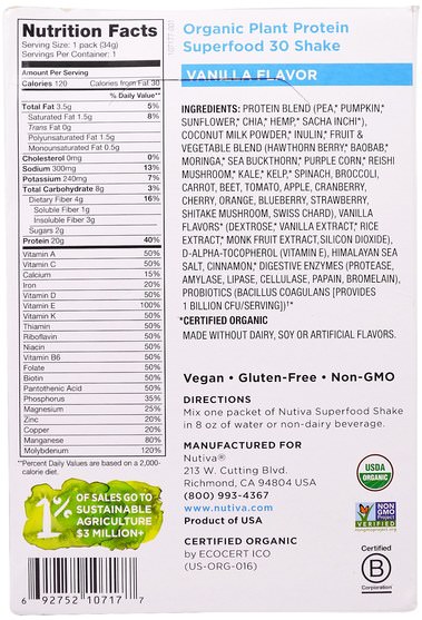 補充劑，蛋白質 - Nutiva, Organic Plant Protein, Vanilla Flavor, 10 Packets, 1.2 oz (34 g) Each