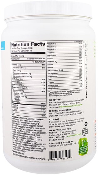補充劑，蛋白質 - Nutiva, Organic Plant Protein, Vanilla Flavor, 21.6 oz (612 g)