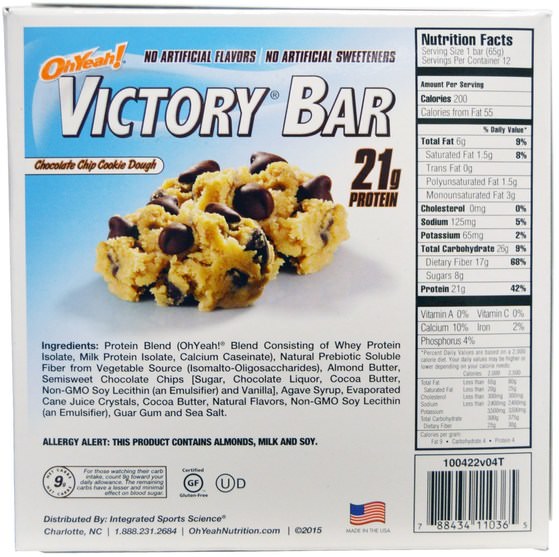 補充劑，蛋白質 - Oh Yeah!, Victory Bar, Chocolate Chip Cookie Dough, 12 Bars, 2.29 oz (65 g) Each