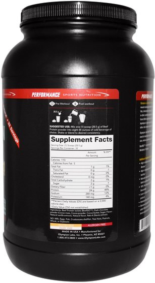 補充劑，蛋白質 - Olympian Labs Performance Sport Nutrition, Beef Protein Isolate, Chocolate, 2 lbs (907 g)