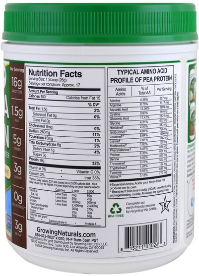 補充劑，蛋白質，豌豆蛋白質 - Growing Naturals, Pea Protein, Chocolate Power, 15.8 oz (449 g)