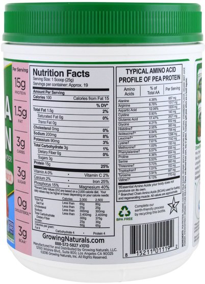 補充劑，蛋白質，豌豆蛋白質 - Growing Naturals, Pea Protein, Strawberry Burst, 16.54 oz (469 g)
