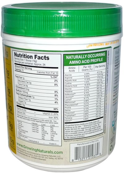 補充劑，蛋白質，豌豆蛋白質 - Growing Naturals, Yellow Pea Protein, Original, 16 oz (456 g)