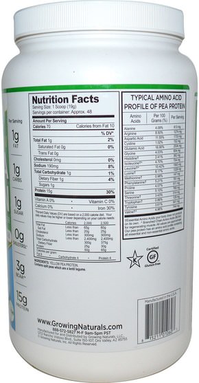 補充劑，蛋白質，豌豆蛋白質 - Growing Naturals, Yellow Raw Pea Protein, Original, 32.2 oz (912 g)