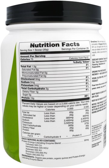 補充劑，蛋白質，豌豆蛋白質 - Natures Plus, Organic Pea Protein Powder, 1.10 lbs (500 g)