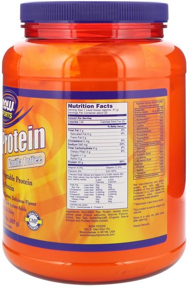 補充劑，蛋白質，豌豆蛋白質 - Now Foods, Sports, Pea Protein, Vanilla Toffee, 2 lbs (907 g)