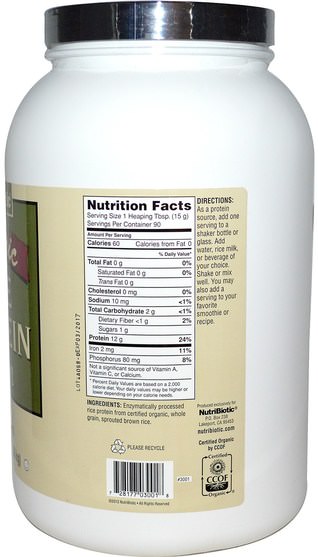補充劑，蛋白質，大米蛋白粉 - NutriBiotic, Raw Organic Rice Protein, Plain, 3 lbs (1.36 kg)
