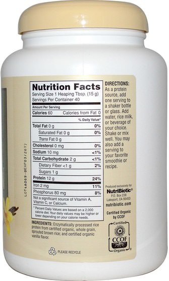 補充劑，蛋白質，大米蛋白粉 - NutriBiotic, Raw Organic Rice Protein, Vanilla, 1 lb 5 oz (600 g)