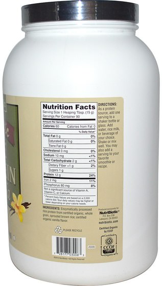 補充劑，蛋白質，大米蛋白粉 - NutriBiotic, Raw Organic Rice Protein, Vanilla, 3 lb (1.36 kg)