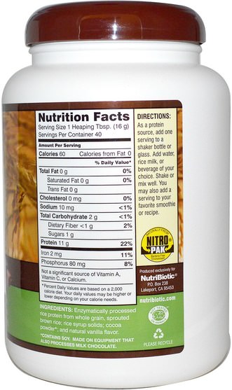 補充劑，蛋白質，大米蛋白粉 - NutriBiotic, Raw Rice Protein, Chocolate, 1 lb 6.9 oz (650 g)