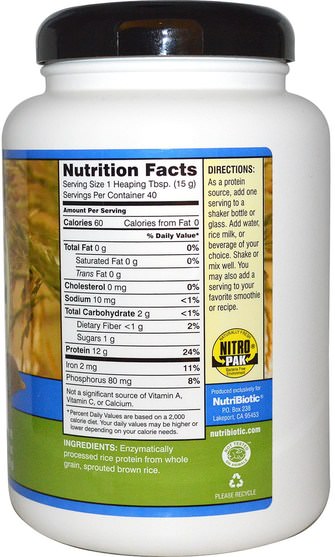 補充劑，蛋白質，大米蛋白粉 - NutriBiotic, Raw Rice Protein, Plain, 1 lb. 5 oz (600 g)