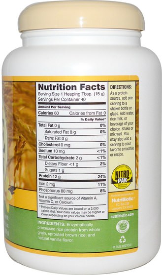 補充劑，蛋白質，大米蛋白粉 - NutriBiotic, Raw Rice Protein, Vanilla, 1 lb 5 oz (600 g)