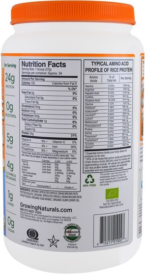 補充劑，蛋白質，大米蛋白粉，大米蛋白 - Growing Naturals, Organic Rice Protein, Original, 32.4 oz (918 g)