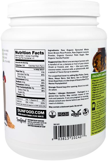 補充劑，蛋白質，大米蛋白粉 - Sunfood, Raw Organic Vanilla Rice Protein, 2.5 lb (1.13 kg)