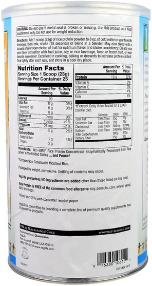 補充劑，蛋白質，大米蛋白質 - VegLife, Rice Protein Pure Powder, Unflavored, 20.4 oz (580 g)