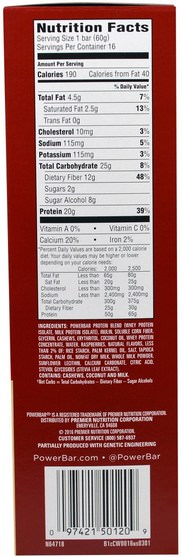 補充劑，蛋白質，運動蛋白質，運動，蛋白質棒 - PowerBar, Clean Whey Protein Bar, White Fudge Raspberry Flavored, 16 Bars, 2.12 oz (60 g) Each