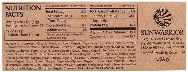 補充劑，蛋白質，運動蛋白質，運動，蛋白質棒 - Sunwarrior, Organic Sol Good Protein Bars, Cinnamon Roll, 12 Bars, 2.36 oz (67 g) Each
