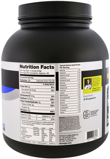 補充劑，蛋白質，運動蛋白質，運動，運動 - Vega, Sport Protein, Chocolate Flavored, 4 lb 5.9 oz (1.98 kg)