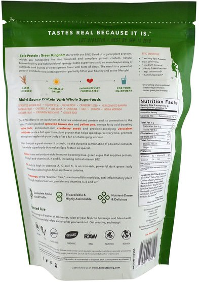 補充劑，蛋白質 - Sprout Living, Epic Plant-Based Protein, Green Kingdom, 1 lb (454 g)