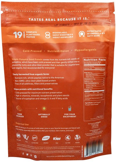補充劑，蛋白質 - Sprout Living, Simple Protein, Organic Pumpkin Seed Protein Powder, 1 lb (454 g)