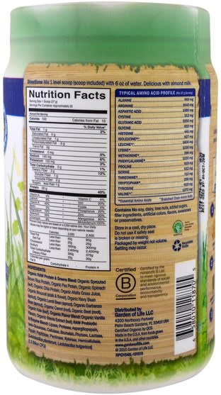 補品，蛋白質，超級食品，綠色蔬菜 - Garden of Life, Raw Protein & Greens, Orgnic Plant Formula, Real Raw Vanilla, 19.3 oz (548 g)