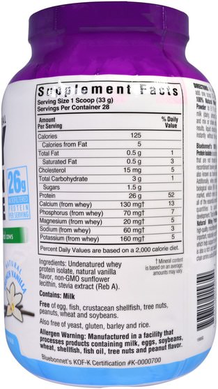 補充劑，蛋白質，乳清蛋白，乳清蛋白未變性 - Bluebonnet Nutrition, 100% Natural Whey Protein Isolate, Natural French Vanilla, 2 lbs (924 g)