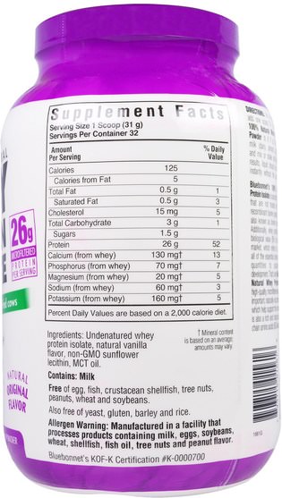 補充劑，蛋白質，乳清蛋白，乳清蛋白未變性 - Bluebonnet Nutrition, 100% Natural Whey Protein Isolate, Natural Original Flavor, 2.2 lbs (992 g)