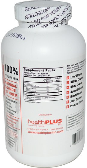 補充劑，洋車前子殼，洋車前子殼膠囊，健康，排毒，結腸清洗 - Health Plus The Original Colon Cleanse, One, 625 mg, 200 Capsules