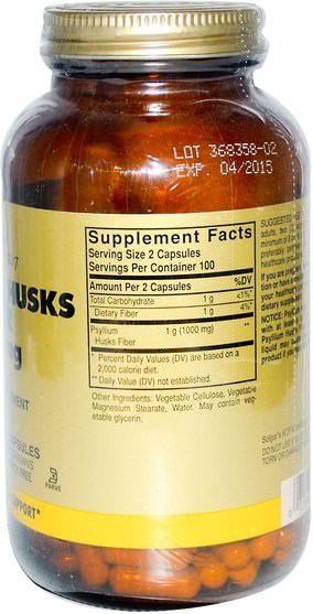 補充劑，洋車前子殼，洋車前子殼膠囊 - Solgar, Psyllium Husks Fiber, 500 mg, 200 Vegetable Capsules