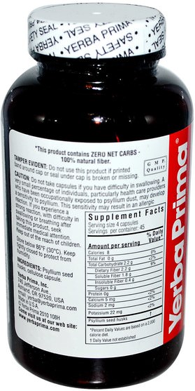 補充劑，洋車前子殼，洋車前子殼膠囊 - Yerba Prima, Psyllium Husks Veg Caps, 625 mg, 180 Capsules