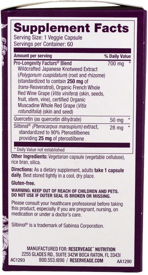 補品，紫檀芪，抗衰老 - ReserveAge Nutrition, Resveratrol, Pterostilbene, 250 mg, 60 Veggie Capsules