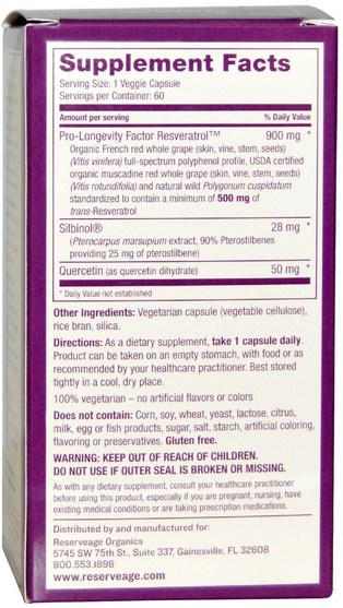補品，紫檀芪，白藜蘆醇 - ReserveAge Nutrition, Resveratrol With All-Natural Pterostilbene, 500 mg, 60 Veggie Caps