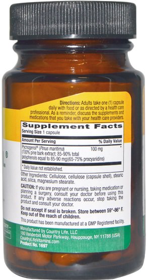 補充劑，碧蘿芷 - Country Life, Pycnogenol, 100 mg, 30 Veggie Caps
