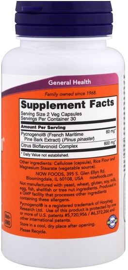 補充劑，碧蘿芷 - Now Foods, Pycnogenol, 30 mg, 60 Veg Capsules