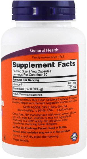 補充劑，槲皮素，酶，菠蘿蛋白酶 - Now Foods, Quercetin with Bromelain, 120 Veg Capsules