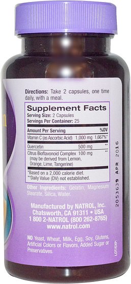 補充劑，槲皮素，維生素 - Natrol, Quercetin, 500 mg, 50 Capsules